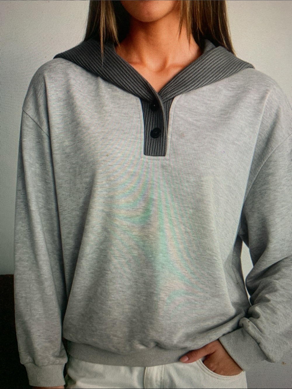 Light Gray Crewneck Sweater with Ribbed Shawl Collar